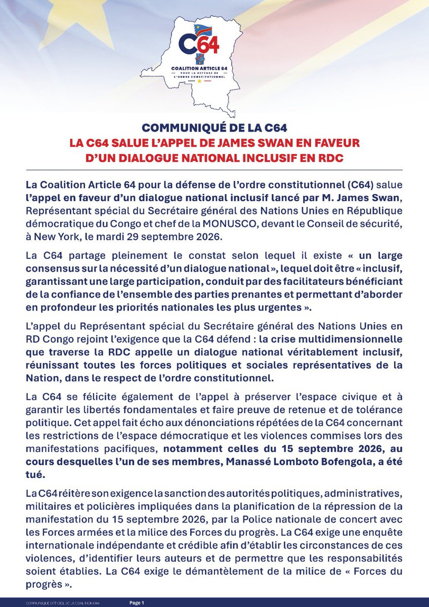 KONDETUTI1's tweet photo. #RDC-Dialogue national  : la C64 saisit la balle au bond après l’appel de l’ONU.
              
 COMMUNIQUÉ 👇 https://t.co/CnO6wb2jK2