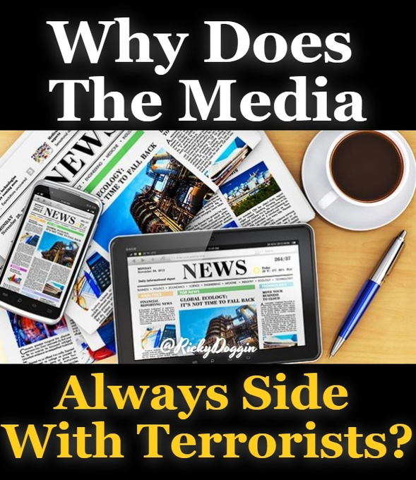 A thumbnail graphic showing newspapers and a tablet displaying news, with text reading "Why Does The Media Always Side With Terrorists?" and a watermark "@RickyDoggin".