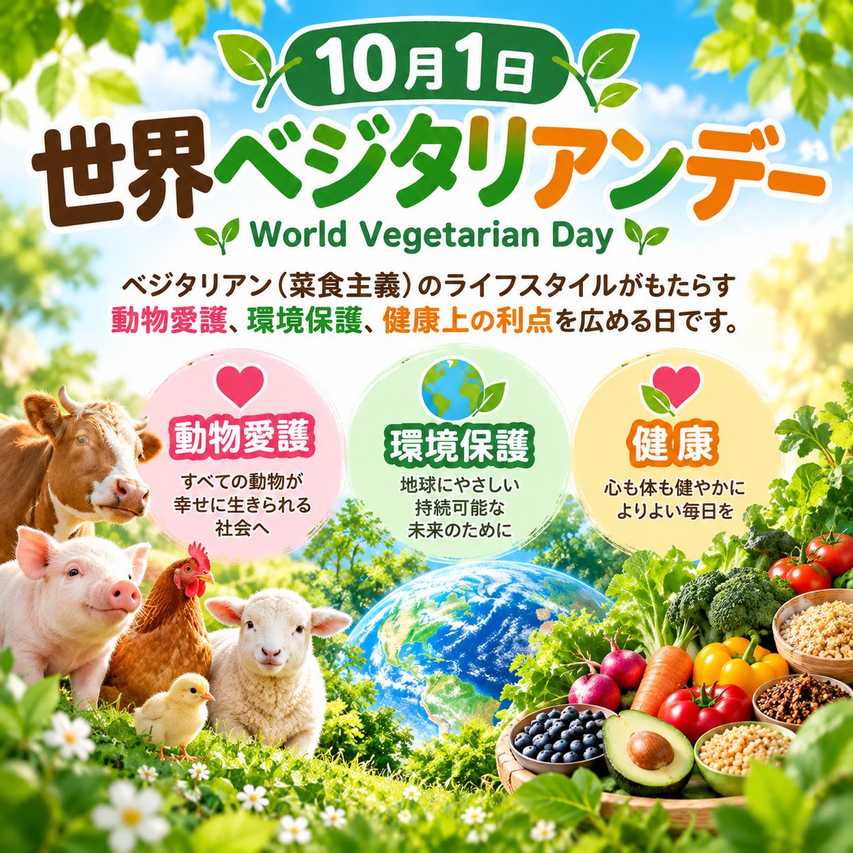 pollyanna55's tweet photo. 10月1日は #世界ベジタリアンデー 
#Worldvegetarianday 
動物の命、地球環境、健康を大切にするためにベジタリアンになろう🩷💚❤️ https://t.co/TCBYZUVgRy
