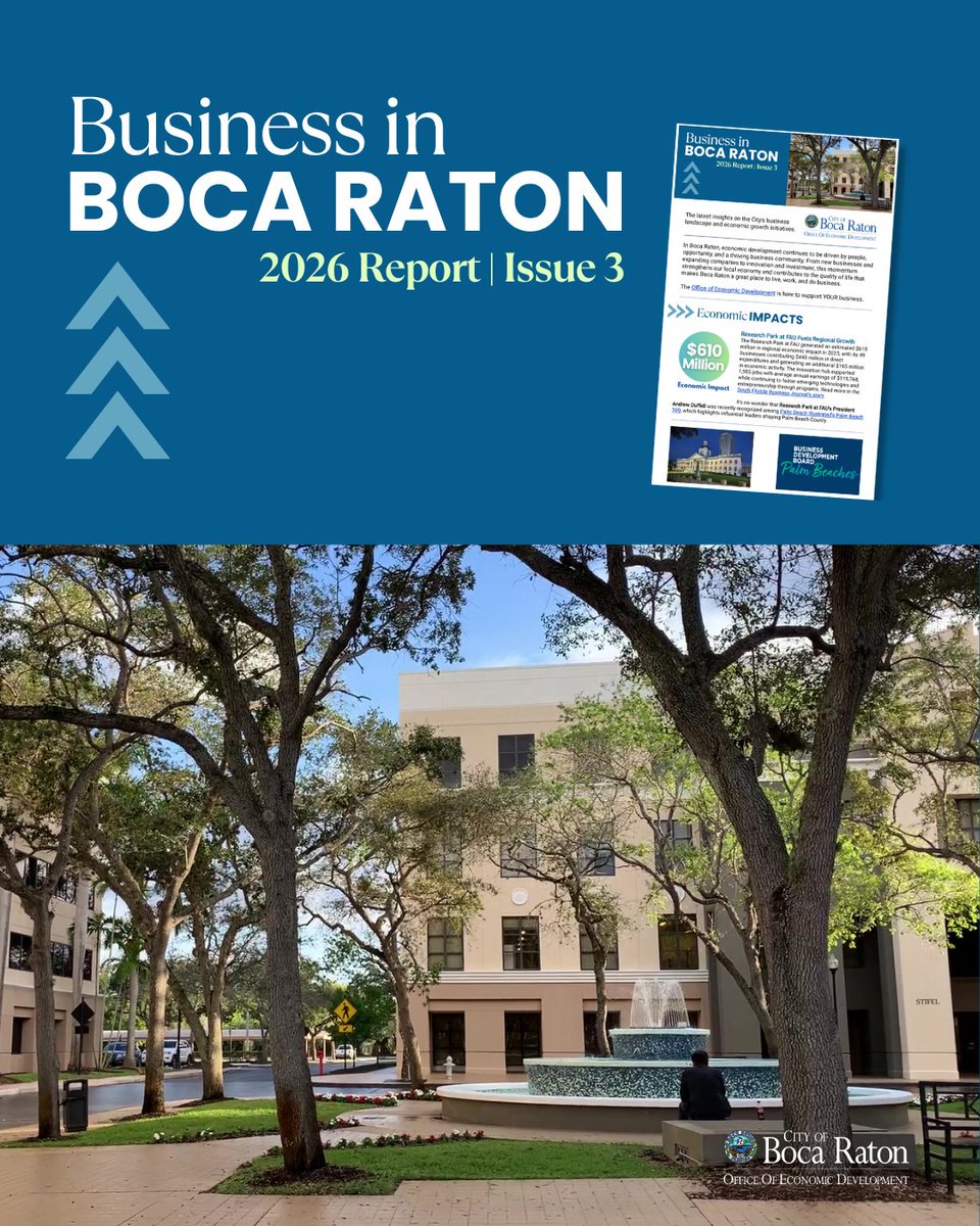 BocaDev's tweet photo. The latest report from the Office of Economic Development highlights updates from the Research Park at FAU, new and expanding businesses, workforce growth, upcoming events and City initiatives supporting the local business community.

It is a quick way to stay informed on the momentum building across our economy and what is ahead for Boca Raton’s business landscape.

View the full report https://t.co/S8SYbTR1eD
