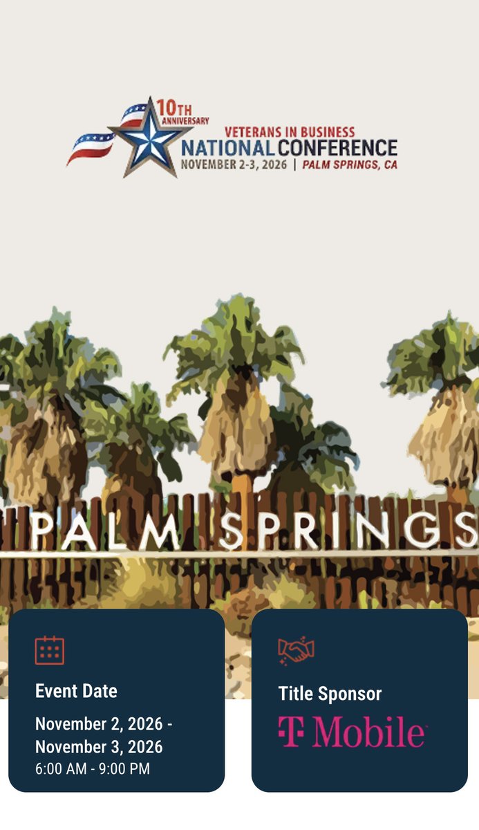 SCMSDC's tweet photo. 10th Anniversary Veterans In Business Network National Conference

Palm Springs, CA
November 2-3, 2026

 LEARN MORE:  https://t.co/05hYusQJhJ  

#BusinessSupport #SCMSDC #entrepreneurlife https://t.co/kYs4xs37nV