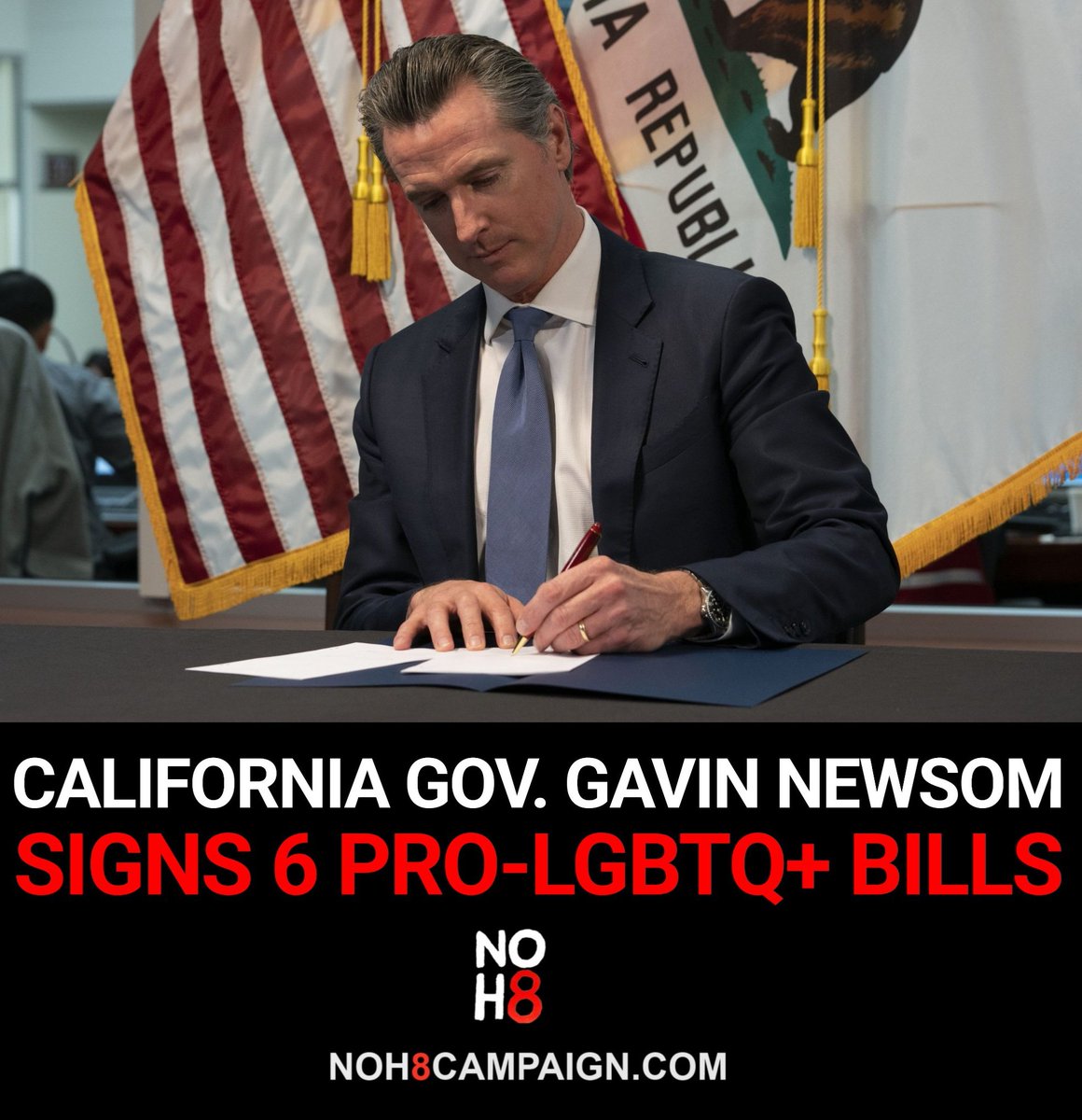 NOH8Campaign's tweet photo. California Gov. Gavin Newsom has signed six LGBTQ+ priority bills strengthening privacy protections, supporting LGBTQ+ veterans, expanding resources for LGBTQ+ students, updating California’s conversion therapy protections and improving access to HIV prevention medications #NOH8 https://t.co/ftAhNOeKiT