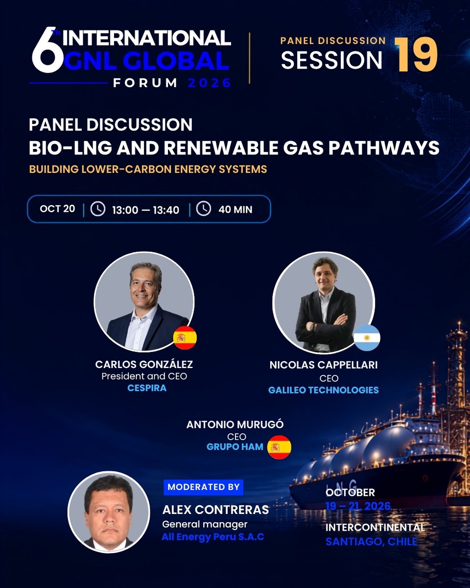 gnlglobal's tweet photo. 🌱⚡ SESSION 19 | BIO-LNG &amp; RENEWABLE GAS

Industry leaders discuss Bio-LNG and renewable gas pathways for lower-carbon energy systems.

🎙️ Murugó | González | Cappellari

Moderator: Alex Contreras

📅 Oct. 20 | 1:00 PM
📍 Santiago, Chile

#GNLGlobal #LNG https://t.co/zKIkRCXPBJ