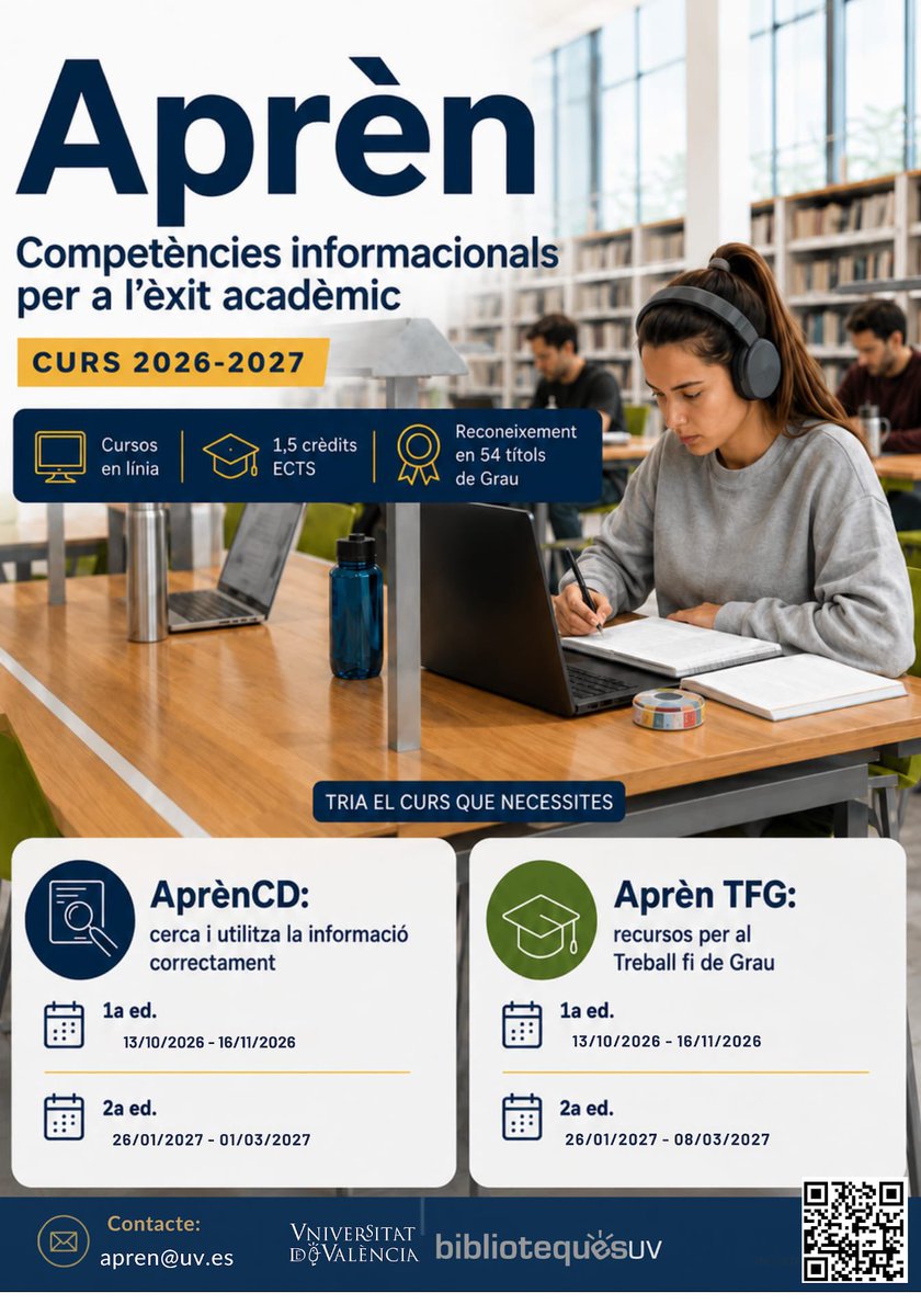 CDEMates_'s tweet photo. 📚 El Servei de Biblioteques ofereix de nou els cursos en línia Aprèn, amb l'objectiu de millorar les teues competències en l’ús de la informació acadèmica.

Més info escanejant el QR ⬇️ https://t.co/0QrChOvN9P