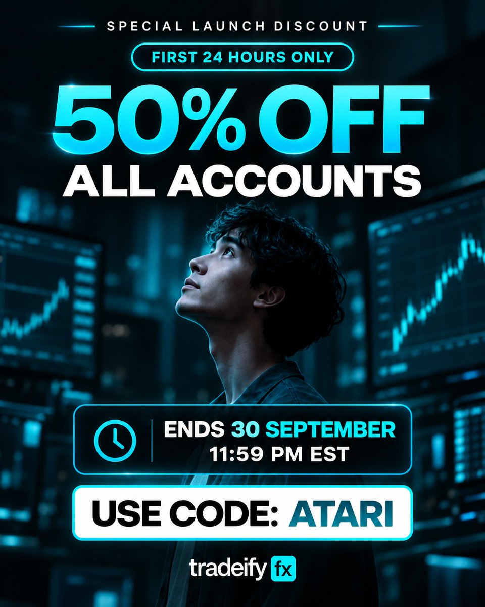 TradingAtari's tweet photo. 🚀 Forex trading is now available with Tradeify FX!
Grab 50% OFF all accounts during the first 24 hours ⚡
🏷️ Code: ATARI
 ⏳Ends September 30 at 11:59 PM EST
#Forex #Tradeify #USDJPY #EURUSD 
#Valutahandel https://t.co/uLWtLjKlQb