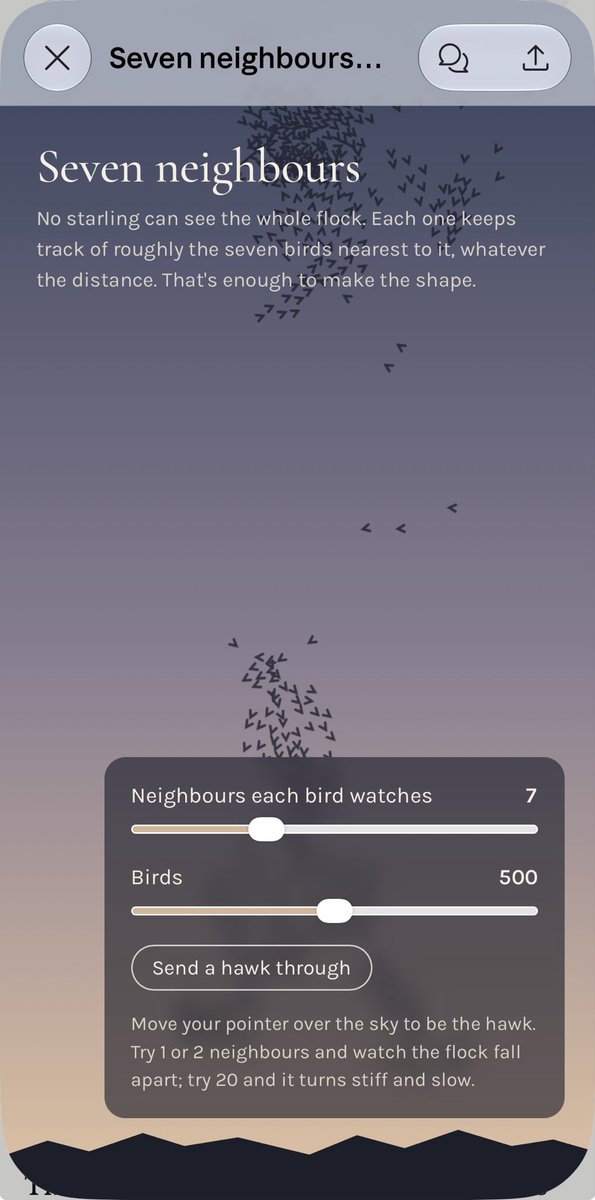 menopaused12's tweet photo. @edwinhayward My Claude generated a starling murmuration simulation that’s quite beautiful to watch! https://t.co/Kze13egXJW