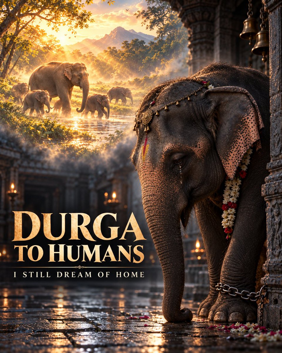HoomanDecoder's tweet photo. A LETTER FROM DURGA TO HUMANS: PLEASE GIVE ME BACK MY HOME!!

I MISS MY MOTHER.
I MISS MY HOME.
I MISS THE FOREST I WAS BORN TO WALK THROUGH.
You call me sacred.
You decorate me.
You make me stand before your gods.
But did you ever ask what I wanted?

I wanted my mother.
My herd.
The earth beneath my feet.
A life that belonged to me.

Instead, humans gave me chains instead of forests, commands instead of freedom, crowds instead of family.
And then you called it devotion.
I am Durga.

I am not a decoration.
I am not a religious object.
I am not here for ceremonies, photographs or entertainment.
I am an elephant.
I remember.
I feel.
I grieve.
I long for companionship and freedom.
If you truly believe I am sacred, then do not worship me in chains.

Give me back the life you took from me!DURGA THE ELEPHANT: IF I AM SACRED, WHY AM I NOT FREE?

Give me back to my kind.
Give me back my freedom.
Give me the chance to live as an elephant was meant to live.

@CMOTamilnadu @CMOfficeAssam @assamforest
@tnforestdept @moefcc @AwbiBallabhgarh
@PMOIndia @narendramodi @HMOIndia
@WildlifeSOS @PetaIndia @TheJohnAbraham
@TheRupali @RichaChadha @SwatiJaiHind
@NiallHarbison @Gabriele_Corno #WorldTourismDay #FreeTheFive #NoElephantsInTemples #StopElephantCaptivity @indSupremeCourt
@CJP_for_India @Wangchuk66 @SonamVangchuk
#cjp_पार्टी #sonamvangchuk #StrayDogs
@SpotzHaroon #AnimalWelfare #Rabies #DogBites #ABCProgramme #Compassion #PublicHealth
@manekagandhibjp @gauri_maulekhi @petaindia
@asharmeet02 @sunnewstamil @ThanthiTV
@polimernews #StopAnimalCruelty #BeKindToAnimals #AnimalRights #saveindiafromdoghaters #JusticeForStrays #StopAnimalCruelty #Accountability #AmendPCA #NoMore50 #SaveIndianDogs #awaranahihamarahai
@rashtrapatibhv @THaPriYa123 @JahnaviIyer
@dilthi_gujarati @DDNewslive @ndtv @timesofindia
@pttv_tweets @PetaIndia