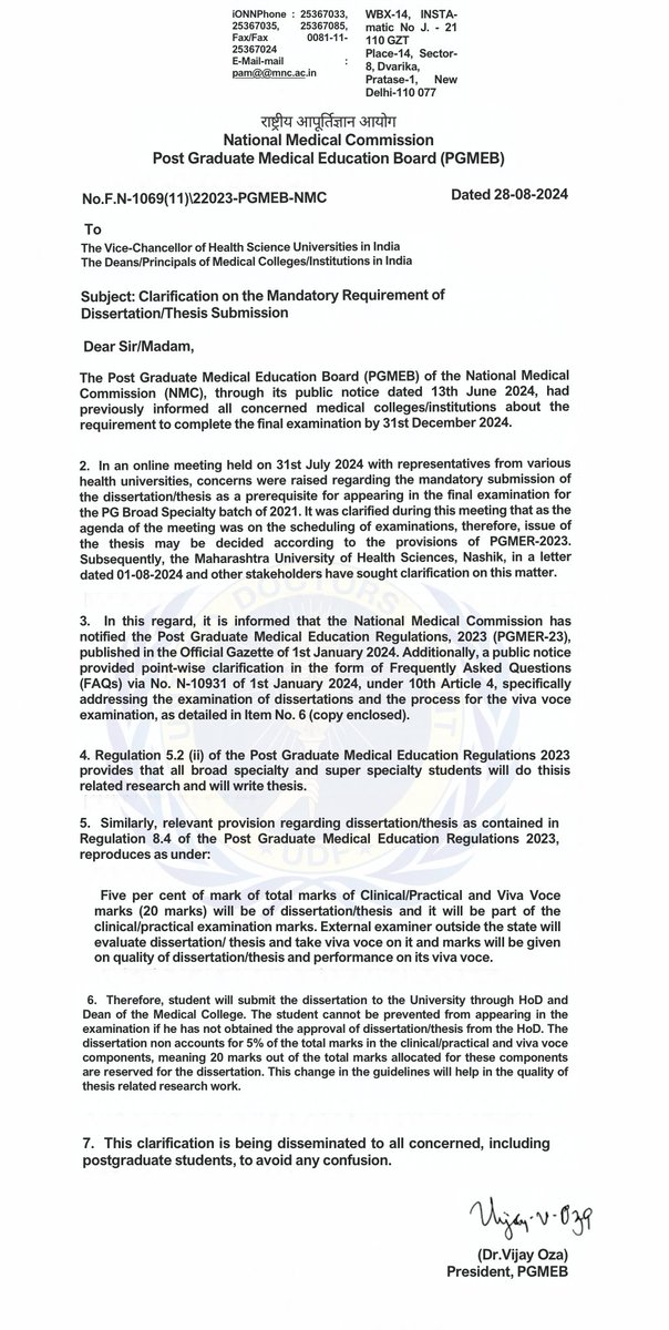 UDF_BHARAT's tweet photo. 🚨 PG Residents, know this NMC rule.

Your thesis/dissertation is mandatory — but HOD approval of the thesis is NOT a prerequisite for appearing in the final examination.

NMC-PGMEB has clearly stated that a resident cannot be prevented from appearing in the exam merely because approval of the dissertation/thesis has not been obtained from the HOD. The thesis is evaluated by an external examiner and carries 5% (20 marks) of the Clinical/Practical & Viva component. pgmeb-thesis-250183.pdf

Many residents remain unaware of this clarification and fear that thesis approval can be used to stop them from appearing in their final exam.

Every PG resident should know this. Please share it with your juniors and colleagues.

#ResidentDoctors #NMC #MedTwitter #MedicalEducation