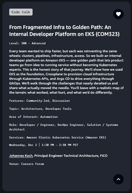 Lockhead's tweet photo. If you really want to see me at re:Invent, here's the date & time where I definately will be
Wednesday, Dec 2
1:30 PM - 2:30 PM PST
Ceasars Forum
#awsreinvent #publicspeaking #eks #internaldeveloperplatform #platformengineering https://t.co/7koiv2BMAH