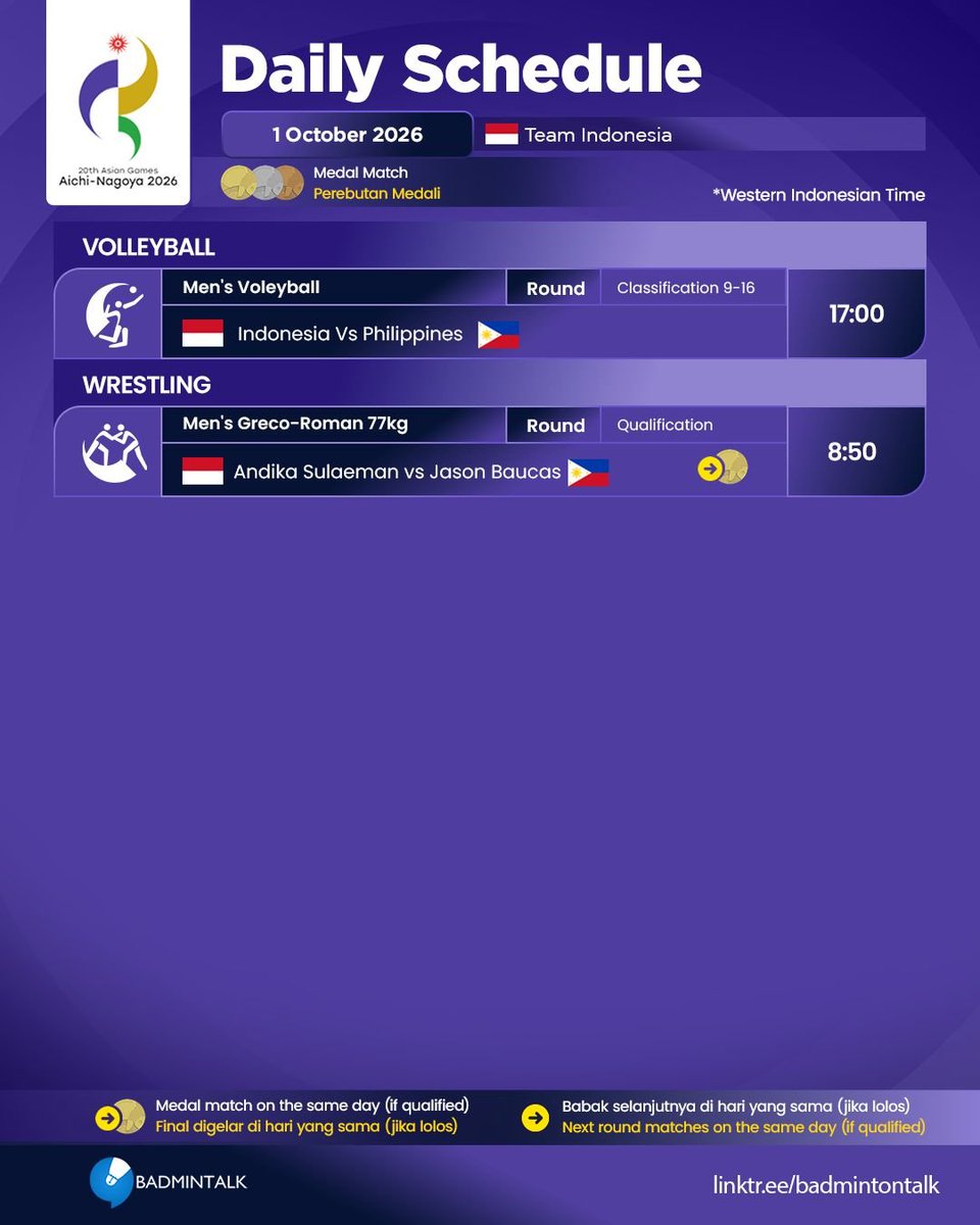 BadmintonTalk's tweet photo. Jadwal atlet Indonesia di #AsianGames2026 (1 Oktober 2026)

Selamat berjuang untuk para atlet Indonesia!

Pertandingan dapat disaksikan di @VidioSports

#AichiNagoya2026 https://t.co/XT7yAIRZWW