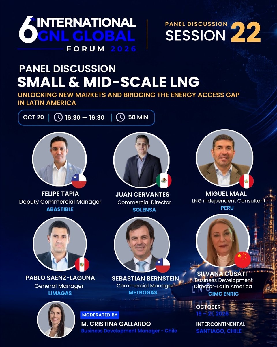 gnlglobal's tweet photo. 🚛🌎 SESSION 22 | SMALL &amp; MID-SCALE LNG

Industry experts discuss how LNG can unlock new markets and expand energy access.

🎙️ Cervantes | Maal | Bernstein | Cusati | Saenz-Laguna | Tapia

Moderator: M. Cristina Gallardo

📅 Oct. 20 | 3:50 PM
📍 Santiago, Chile

#GNLGlobal #LNG https://t.co/sDxXzWWHNj