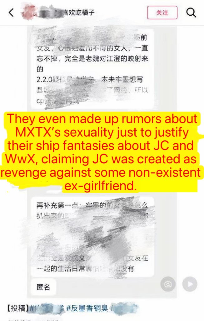 CiONTU1207's tweet photo. MXTX’s portrayal of JC is multi-dimensional: flawed, yet with relatable human sides. Still, JC fans deny his flaws and accuse her of deliberately smearing him. Worse, they viciously attacked and spread rumors about MXTX when their fantasies went unfulfilled.
#MXTX 
#MDZS 
#mdzs https://t.co/o7qXGaDP0o