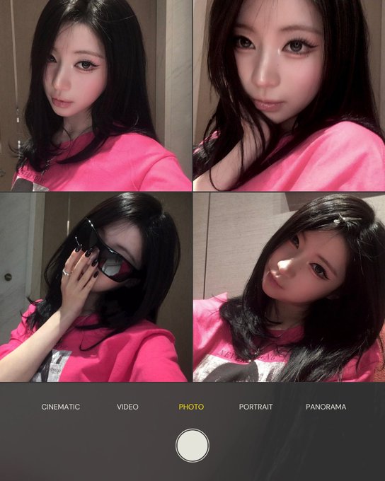 A four-panel collage of selfies of a young woman with dark hair wearing a pink shirt, displayed in a camera app interface with 'PHOTO' mode selected.