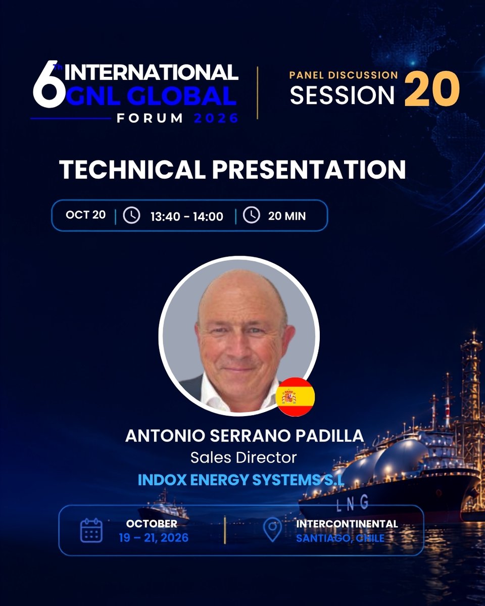 gnlglobal's tweet photo. ⚙️🌍 SESSION 20 | PRESENTATION

An industry presentation led by:

🎙️ Antonio Serrano Padilla | Indox Energy Systems

📅 Oct. 20 | 1:40 PM
📍 Santiago, Chile

#GNLGlobal #LNG https://t.co/B8ZTfQYkWN