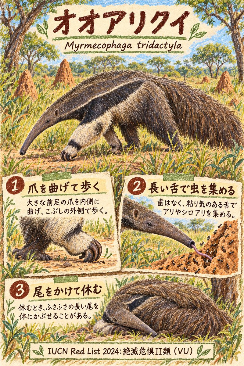 Ryukkeai's tweet photo. 大きな爪を内側へ曲げ、こぶしの外側で歩く。
オオアリクイ
Myrmecophaga tridactyla

IUCN Red List 2024: 絶滅危惧II類 (VU)

#世界の知らない生き物 #GiantAnteater https://t.co/muunUIMwo6