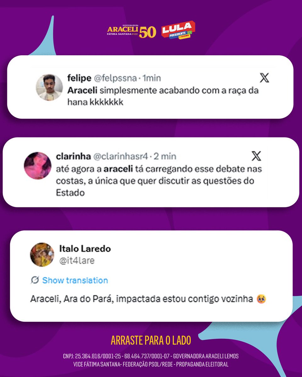 AraceliLemos's tweet photo. Venci e cada mensagem de vocês prova isso! 💜
Obrigada por todo o carinho que recebi depois do debate!
#IMPACTADAESTOU #araceli50 #eleicoes2026 #debatenaliberal https://t.co/JRiZQvgNjv