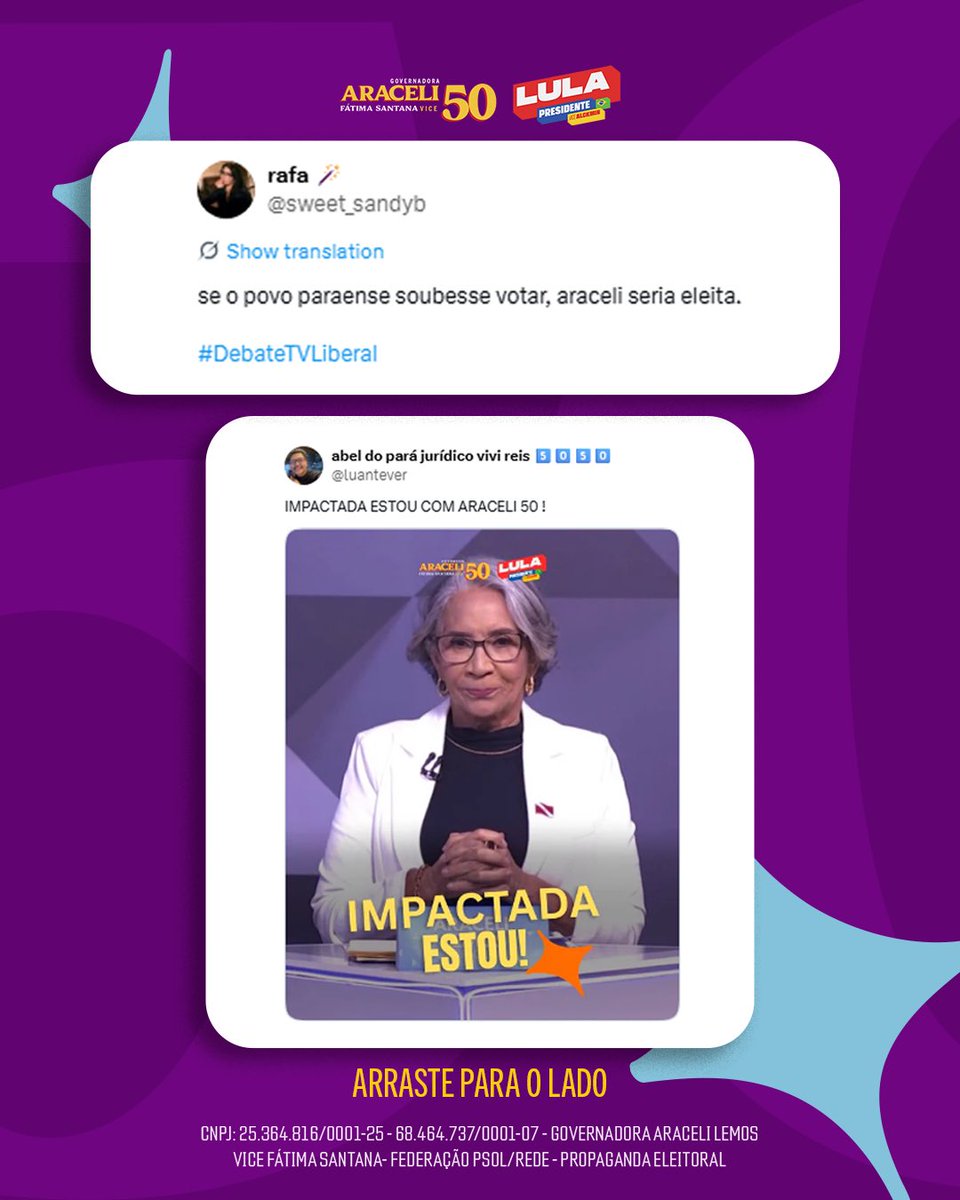 AraceliLemos's tweet photo. Venci e cada mensagem de vocês prova isso! 💜
Obrigada por todo o carinho que recebi depois do debate!
#IMPACTADAESTOU #araceli50 #eleicoes2026 #debatenaliberal https://t.co/JRiZQvgNjv
