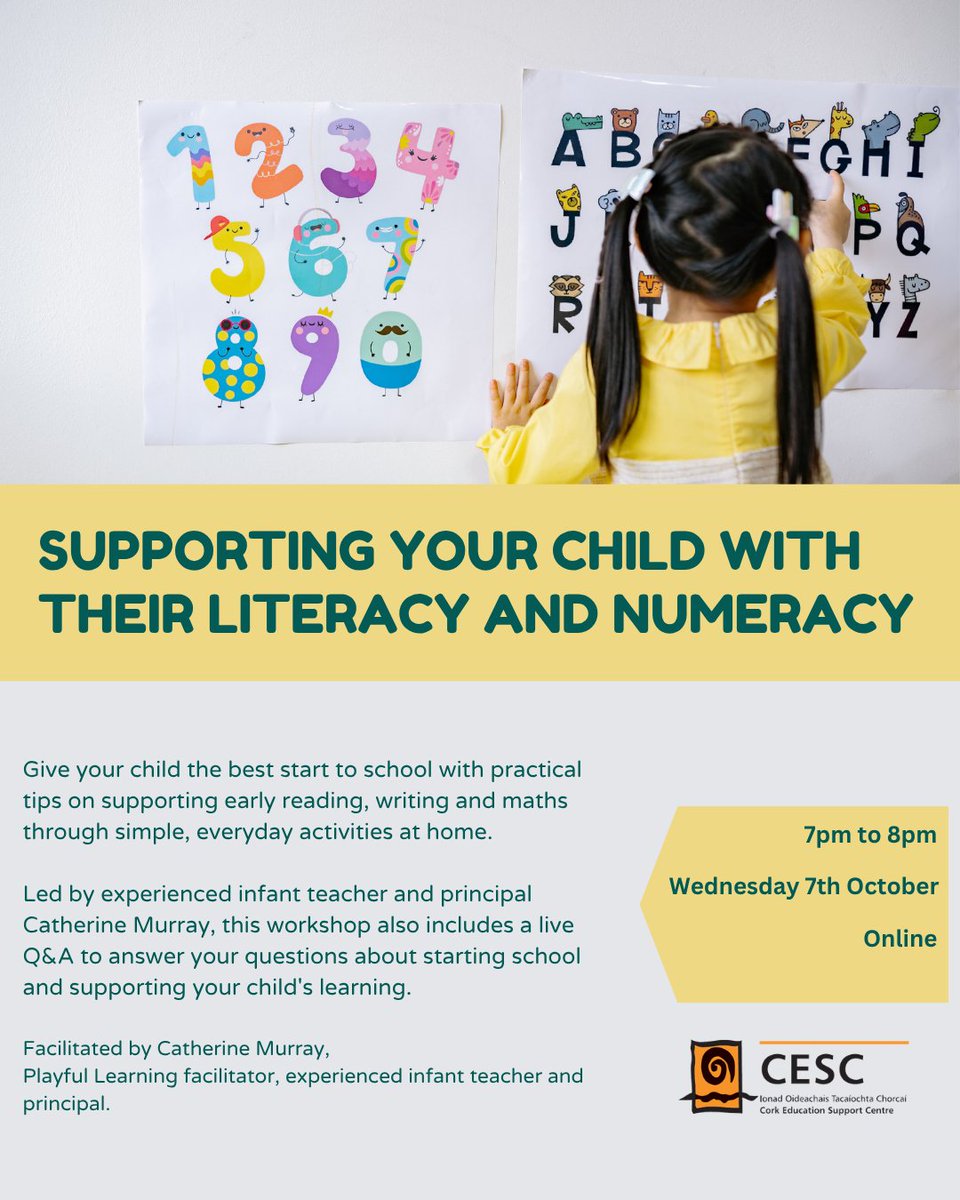 cork_cesc's tweet photo. 📚 Free online parent workshop: Supporting Your Child with Literacy &amp; Numeracy

Letter sounds, early writing, maths basics + easy ways to help at home, with infant teacher &amp; principal Catherine Murray.

📅 Wed 7th Oct, 7pm-8pm
👉 https://t.co/HM8nbBwKRr https://t.co/jcuzDXBong