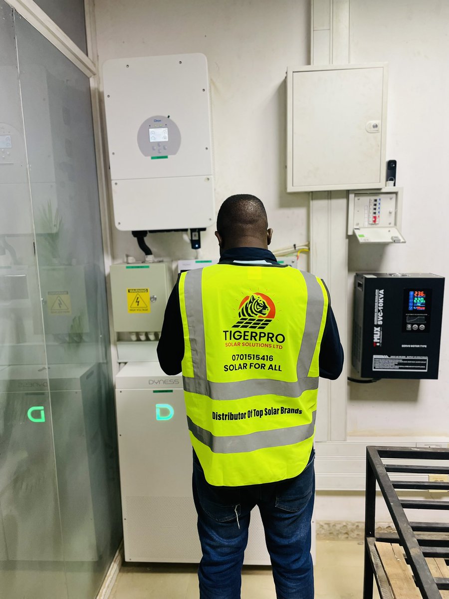 tigerproSolar's tweet photo. At TigerPro Solar, we are proud to announce the successful completion of a backup power solution for a data centre in Kampala, Uganda.

The system comprises: ☀️ 12kW Single-Phase Deye Hybrid Inverter
 ☀️ 32.15kWh Dyness Battery Storage System (2 × 16.076kWh Dyness PowerBrick units)
 ☀️ Balance of System (BOS) components engineered for optimal performance and reliability

This installation ensures uninterrupted power supply, providing the client with reliable 24/7 backup power. Previously, power outages would cause server switches to shut down, resulting in downtime while waiting for the generator to start. Unlike conventional generators that experience a startup delay, the hybrid inverter responds instantly, ensuring seamless power continuity for critical operations.

Power interruptions, whether planned or unplanned, can result in operational disruptions, lost productivity, and financial losses. Is your business prepared?

Whether you're looking for a backup power solution or a fully autonomous solar energy system, TigerPro Solar has the expertise to design and deliver a solution tailored to your needs.

📞 Get in touch with us today and let us help keep your business powered when it matters most.

#EverythingSolar #Solar4All #TigerProSolar #SolarEnergy #BatteryStorage #EnergySecurity #BusinessContinuity #UgandaSolar #DataCentreSolutions #RenewableEnergy