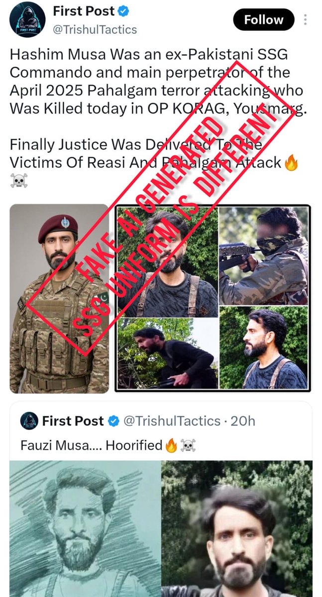 azaadfactcheck's tweet photo. Azaad fact check has identified spread of disinformation by an Indian based X handle making false claims of a certain terrorist in IOJK as retired SSG soldier.
The image being used is fake and Ai generated and the logo of SSG in the image is also fake. https://t.co/Al6hCFa4Ye