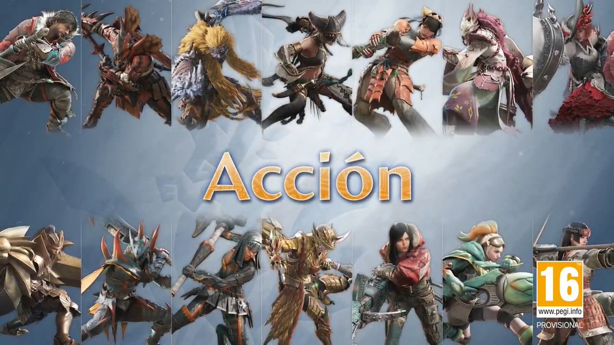 A promotional graphic for video games, with the Spanish word 'Acción' (Action) displayed in the center, surrounded by characters from Monster Hunter, and a PEGI 16 rating in the corner.