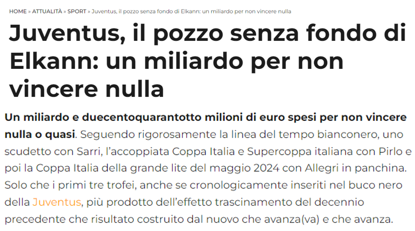 Fabio_Wallys's tweet photo. Panorama titola: «Un miliardo per non vincere nulla».
Poi, nel primo paragrafo, l'articolo di @capuanogio elenca uno scudetto, 2 Coppe Italia e 1 Supercoppa. 
4 trofei.
Sono certo pochi rispetto ai soldi investiti. Ma «non vincere nulla» è smentito dall’articolo stesso. Il titolo non riassume il pezzo: lo contraddice.
Ed i soldi sono serviti a pagare una penalizzazione e perdite pregresse.
Ma non controllate? 
@BelpietroTweet  @juventusfc
