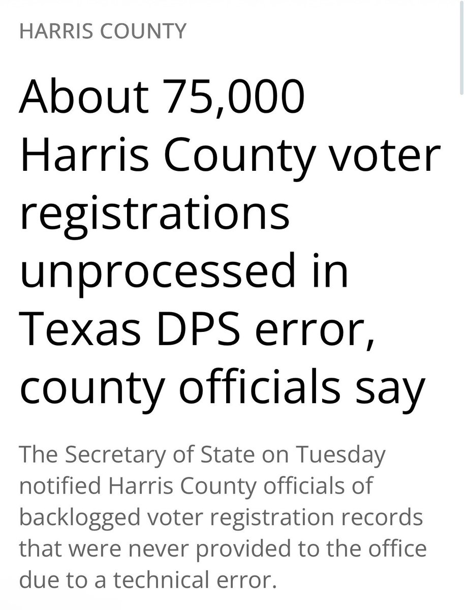 ScottPresler's tweet photo. ‼️VOTER REGISTRATION BACKLOG‼️

According to the Texas Secretary of State, the Texas Department of Public Safety (DPS) failed to provide hundreds of thousands of voter records to counties across Texas.

Harris County election officials are now processing a backlog of more than 75,000 voter registrations.

Harris County ran of of paper ballots on Election Day in 2022.