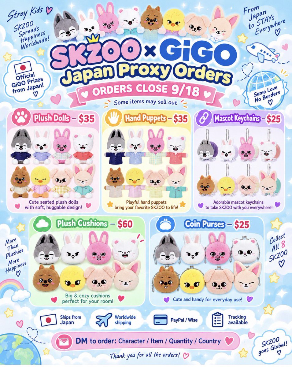 PyonNyan's tweet photo. SKZOO GiGO Japan Proxy 🇯🇵
Limited slots available!
Choose your character 💙
Worldwide shipping 🌍
PayPal / Wise
Prices in USD
DM to claim 💌
straykids #skzwts #straykidswts #skzoowts #skzoo #straykidsmerch https://t.co/PtCy6UtLDL