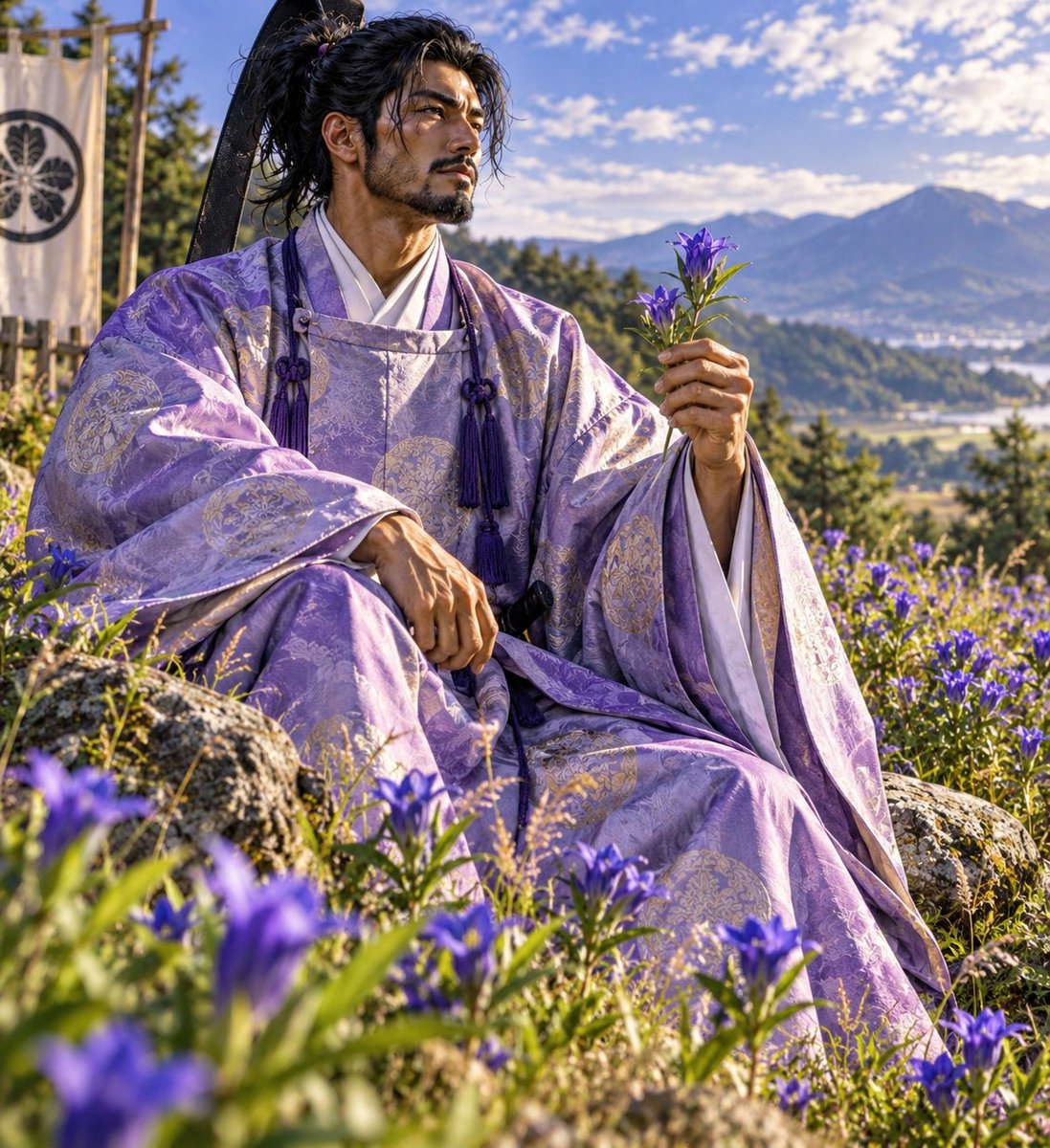 x9wub's tweet photo. リンドウの花を眺める宗貞(むねさだ)様。 https://t.co/99mW2h48hY