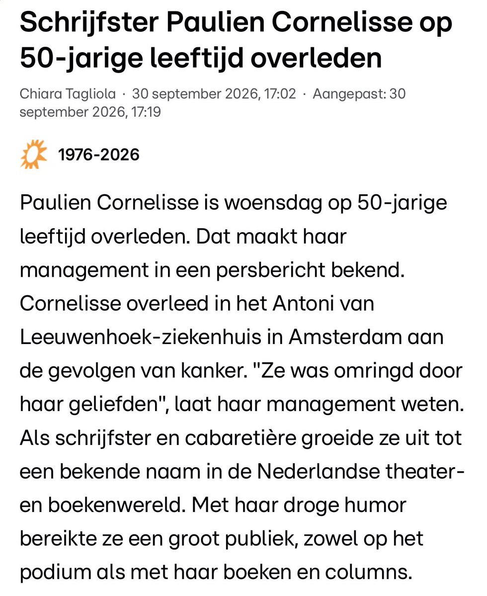 Remcobus1967's tweet photo. Binnen ruim 1 uur….. van afzegging tot de overlijdensmelding…..

“Het Hallelujah van Händel”…….

“Ik sjokte langs kalende bomen, en hoorde voorbijgangers praten over of ze zich zouden gaan laten vaccineren.
Waarom is dit überhaupt een vraag, dacht ik knorrig. Zodra mijn groep wordt opgeroepen, laat ik alles vallen. Ik hoop dat ik naar een grote hal mag, misschien wel gewoon dezelfde als waar een mevrouw een paar weken geleden nog met een wattenstaafje in mijn prefrontale cortex had gepoerd. Ik zal die hal in rennen. Ik zal roepen: ‘Houd de naald maar vast omhoog!’ Daarna zal ik mij erin storten. Gevaccineerd en wel zal ik naar buiten schrijden. Nu alvast een tip aan ‘de instanties’: bij de uitgang van die hal een opname van het Hallelujah van Händel laten horen.
Of nee! Een live koor! Dat kan dan weer!”

https://t.co/NfcvZUFEpO

Ik laat deze even hier …..