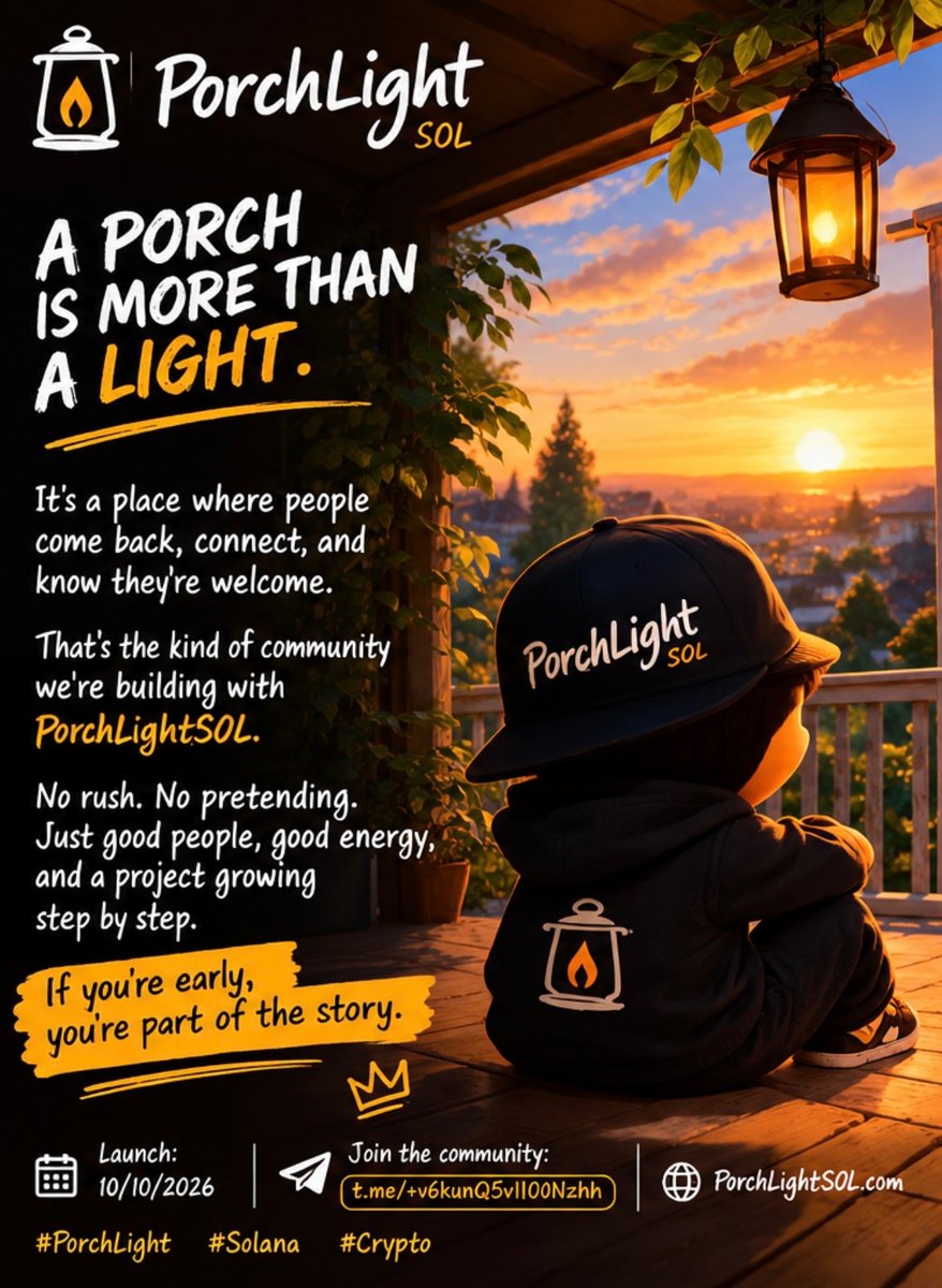 PorchLightSOL's tweet photo. 🏮 A PORCH IS MORE THAN A LIGHT.

It’s a place where people come back, connect, and know they’re welcome.

That’s the kind of community we’re building with PorchLightSOL.

No rush. No pretending. Just good people, good energy, and a project growing step by step.

If you’re early, you’re part of the story.

🏮 Launch: 10/10/2026

💬 Join the community: https://t.co/fPZaw8bFrH

#PorchLight #Solana