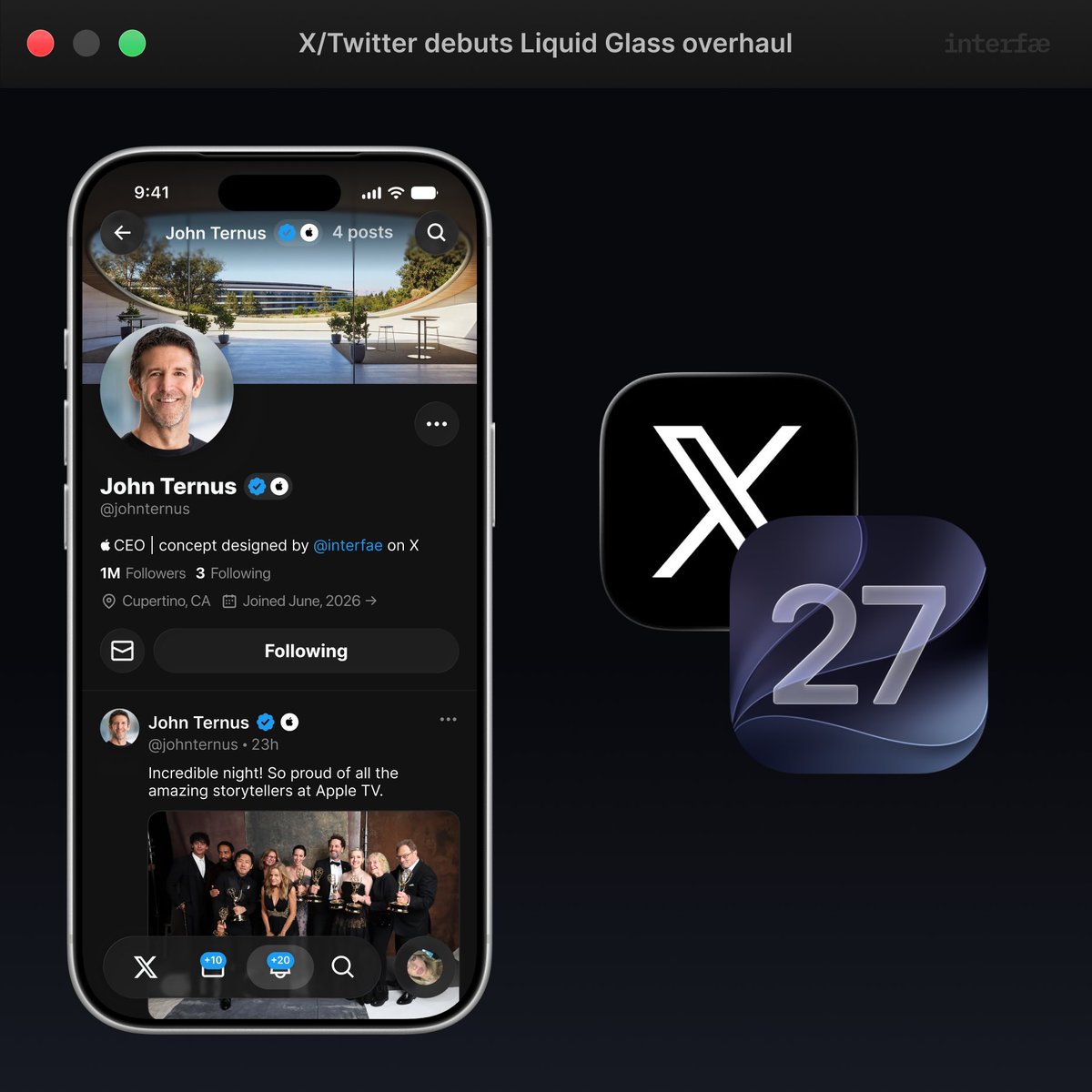 interfae's tweet photo. X/Twitter debuts Liquid Glass overhaul ahead of #iOS27! 👀 https://t.co/A0rlmFuWMf
