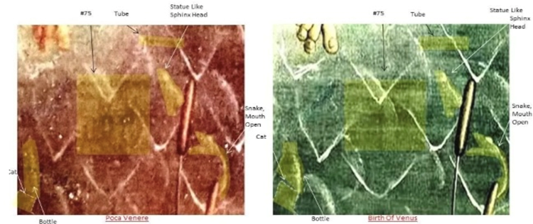 botticelli_code's tweet photo. For centuries, millions of people have looked at The Birth of Venus.
I believe something else is hiding in plain sight.
Using my newly discovered painting Poca Venere as the key, I began seeing a second layer of imagery in Botticelli's painting.
Here's the detail. This is a magnified section of each painting near Zephyr's foot — Poca Venere (left) and Birth Of Venus (right). PowerPoint highlighting has been added, but absolutely no AI has been employed.  
What do you see?

Website- https://t.co/mLHYpnuipn
Amazon Books- https://t.co/frfkBVJYos