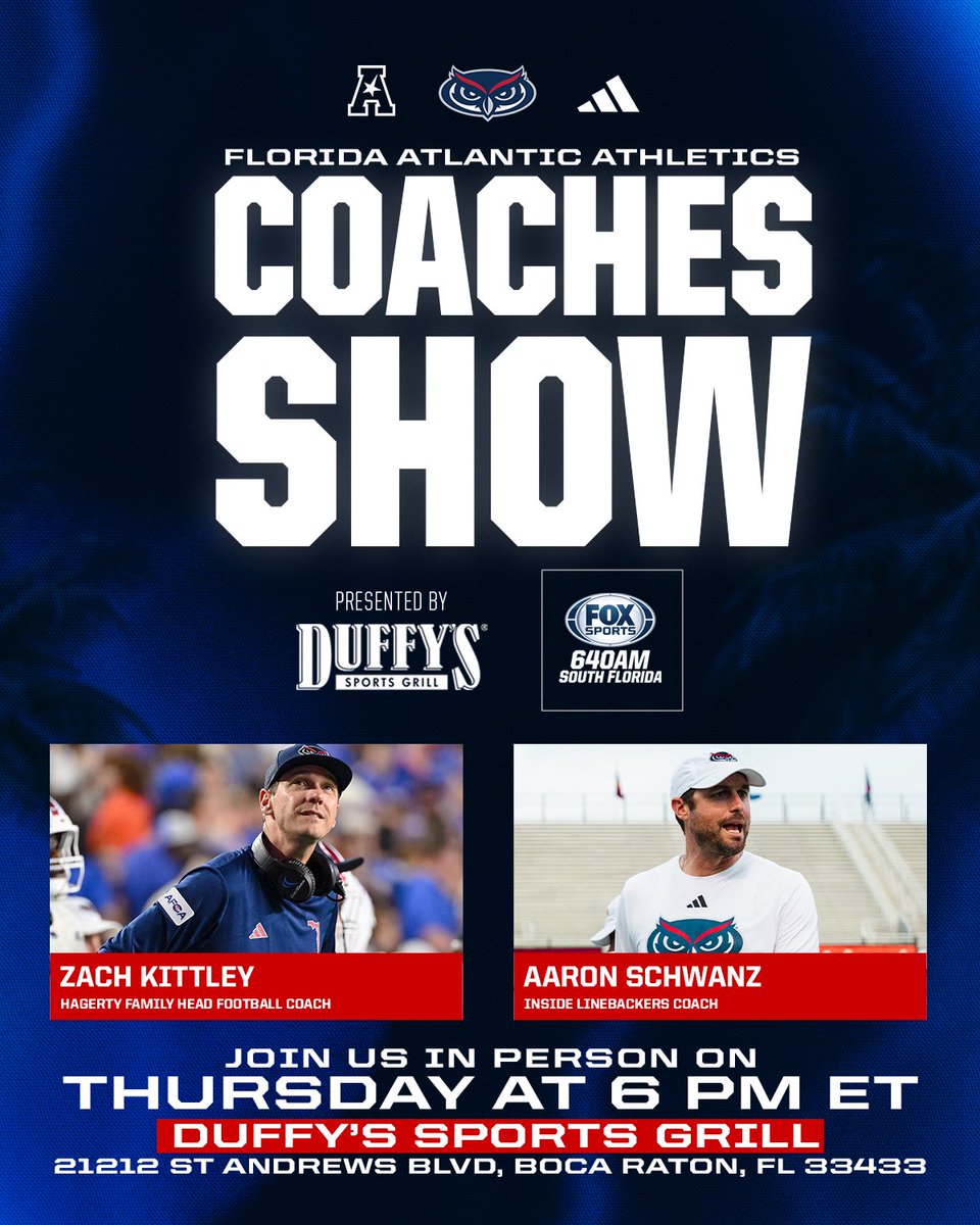 FAUAthletics's tweet photo. See you tomorrow at @duffysmvp for the Coaches Show! 🎙️

📰 https://t.co/YgNUZZn57B

#WIP🏝️ https://t.co/etaQXPIJzs