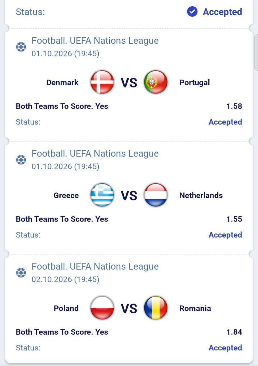 Footy_EdgeUk's tweet photo. ⚽ UEFA Nations League Multi-Bet! 🔥

​Denmark vs Portugal — BTTS (1.58)

Greece vs Netherlands — BTTS (1.55)

Poland vs Romania — BTTS (1.84) https://t.co/rMe45MNE0v