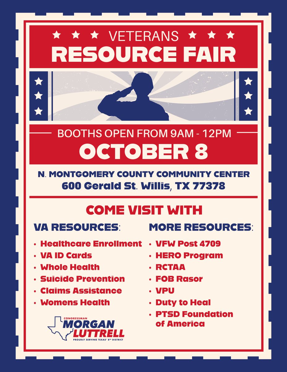 RepLuttrell's tweet photo. 🚨 Veterans — Mark Your Calendars: My office has a resource fair coming up that's designed just for you.

Join my team on Thursday, October 8th from 9am — 12pm in Willis to hear from veterans organizations and learn more about how we can assist you. https://t.co/6dfekYzcBS
