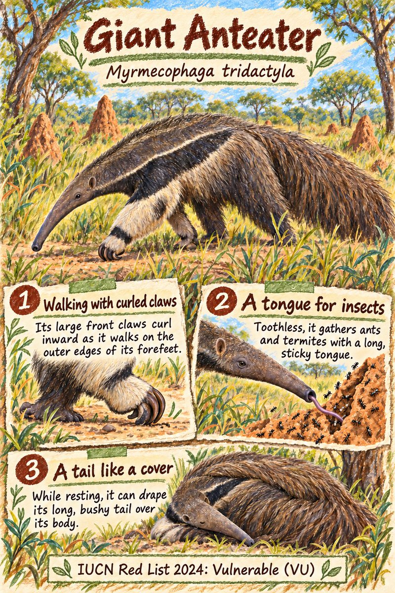 Ryukkeai's tweet photo. Those huge foreclaws curl inward as it walks on the edges of its forefeet.
Giant Anteater
Myrmecophaga tridactyla

IUCN Red List 2024: Vulnerable (VU)

#GiantAnteater https://t.co/f0H1uDsobU