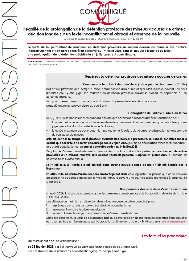 Courdecassation's tweet photo. ⚖️[Communiqué] Illégalité de la prolongation de la détention provisoire des mineurs accusés de crime : décision fondée sur un texte inconstitutionnel abrogé et absence de loi nouvelle
👓à lire sur > https://t.co/pC0N1lh3wg https://t.co/m3HKk1sTZT