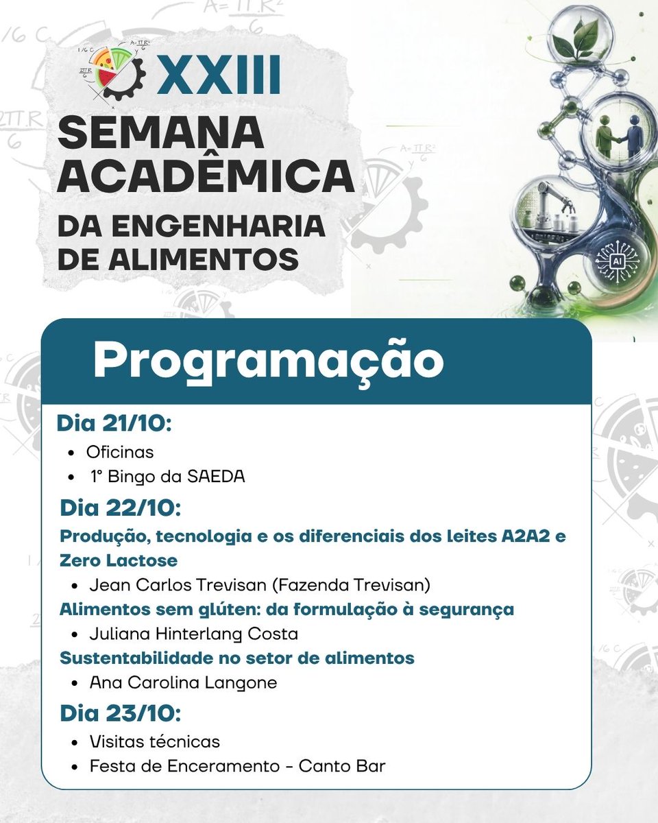 ufrgsoficial's tweet photo. A 23ª edição da Semana Acadêmica da Engenharia de Alimentos - SAEDA 2026 ocorre de 19 a 23 de outubro, no Instituto de Ciência e Tecnologia de Alimentos (ICTA), no Campus do Vale. 
Saiba mais em https://t.co/JpvGny5530 https://t.co/dnHTmecRkg