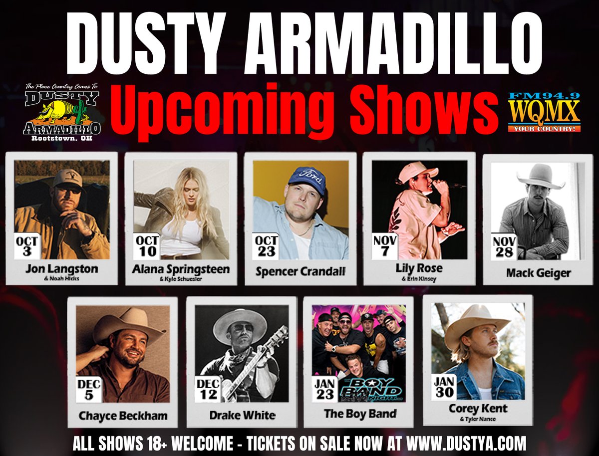 dustyarmadillo's tweet photo. Your next favorite night out is coming to the Dusty! 
Get tickets here: https://t.co/a2eZYOLsoz
10/3/26 @JonTLangston w/ @noahhicksmusic 
10/10/26 @alanaspringstn w/ @kyleschuesler 
10/23/26 @SpencyBoo 
11/7/26 @Lily_Rose_Music  with special guest @ErinKinseyTX https://t.co/4iHJC3QTZN