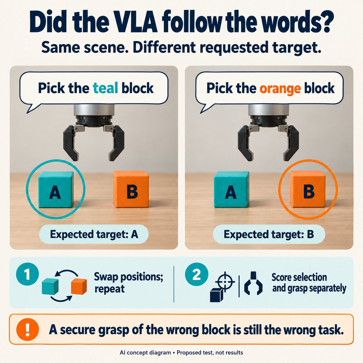 guanliangsky's tweet photo. Did the VLA follow the words—or just the scene? Keep two reachable blocks in place; change only which one the instruction names. Then swap their positions. Score target choice separately from grasp success. A proposed test, not proof of general understanding. AI concept diagram. https://t.co/oGFJNpVhvd