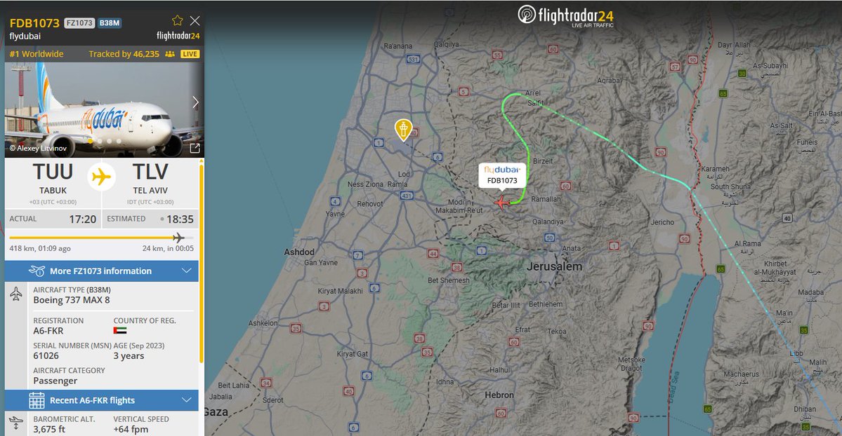 flightradar24's tweet photo. 46k+ people tracking the arrival of flight #FZ1073 to Tel Aviv. https://t.co/CAVfBvpoTD