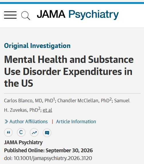 JAMAPsych's tweet photo. US #MentalHealth and #SubstanceUseDisorder expenditures totaled $174 billion in 2021-2023, or 7.0% of all medical spending, with ambulatory services accounting for the largest share. https://t.co/40hYIIOUfe https://t.co/QInwzsQVD0