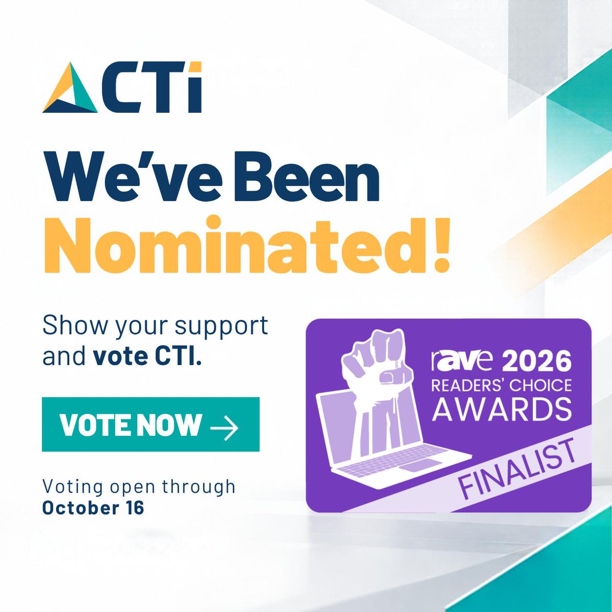 CTIAV's tweet photo. We’re excited to see CTI on the ballot for the 2026 rAVe Readers’ Choice Awards! 💙

If you’ve worked with our team, partnered with us, or like what CTI does, we’d love your support.

Vote CTI: https://t.co/0xK5gRDMs3

Voting closes October 16. Thanks for supporting Team CTI! 🙌 https://t.co/Nzg6tGFwQv
