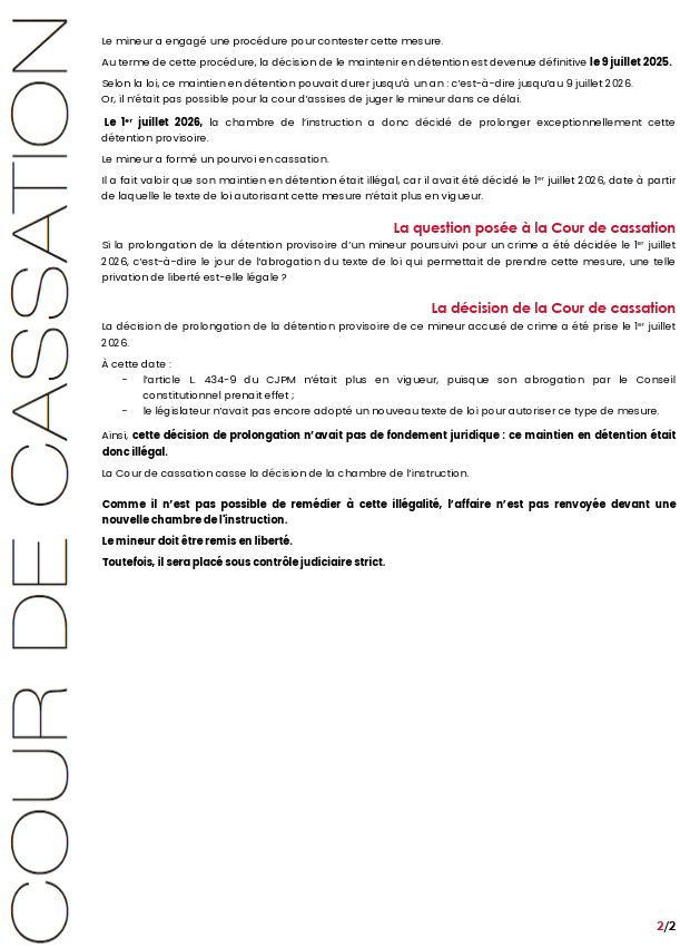 Courdecassation's tweet photo. ⚖️[Communiqué] Illégalité de la prolongation de la détention provisoire des mineurs accusés de crime : décision fondée sur un texte inconstitutionnel abrogé et absence de loi nouvelle
👓à lire sur > https://t.co/pC0N1lh3wg https://t.co/m3HKk1sTZT