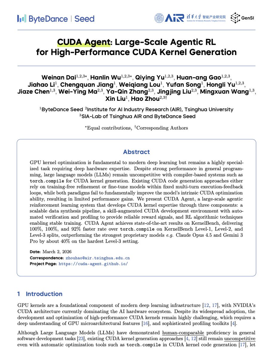 thesupermannx's tweet photo. Nvidia has now a big problem.

China built an AI that writes CUDA better than humans experts.

Writing high-performance CUDA kernels for GPUs has always been a black art. It requires a brutal, microscopic understanding of hardware architecture, memory hierarchies, and parallel processing.

Even the best LLMs have traditionally choked on it, completely outperformed by old-school compilers like torch.compile.

ByteDance and Tsinghua University dropped a paper introducing “CUDA Agent.”

It is a large-scale agentic reinforcement learning system that transforms LLMs from passive code-completers into active, autonomous hardware optimizers.

Instead of guessing code in one shot, the agent runs in a continuous, multi-turn loop. It writes code, compiles it, profiles the hardware bottlenecks, catches its own bugs, and rewrites it.

The results completely shatter previous benchmarks.

It didn't just match static compilers. It left them in the dust.

• 2.11× faster than torch.compile • 2.60× faster than standard eager mode

• Achieved a massive 98.8% pass rate on complex kernel generation tasks

It discovered advanced operator-fusion techniques that static compiler heuristics can't even see.

For years, we’ve assumed that while AI can write web apps and python scripts, deep hardware-level optimization would require human engineering for a long time.

That assumption just expired.

The models aren't just writing software anymore.

They are optimizing the silicon it runs on.
