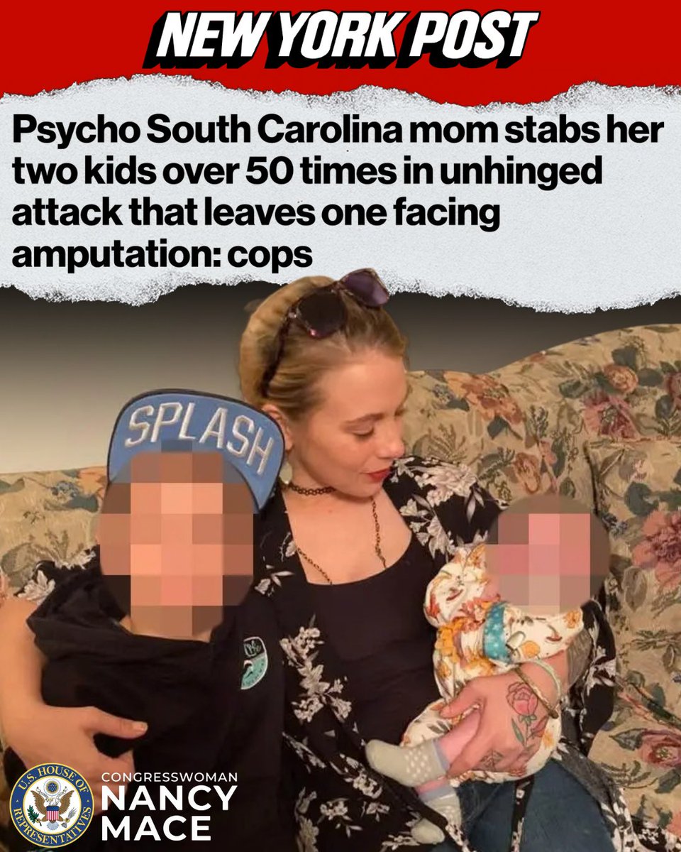 RepNancyMace's tweet photo. Two young children are fighting for their lives because the one person meant to protect them became their greatest threat.

We're sick of seeing this headline. Sick of hearing the excuses. There is NO excuse for this.

In South Carolina, we protect our children. Anyone who harms them should never walk free again.

This is not mental. This is criminal. And it's time our justice system sends a clear message.

We're praying for these two babies and their full recovery.