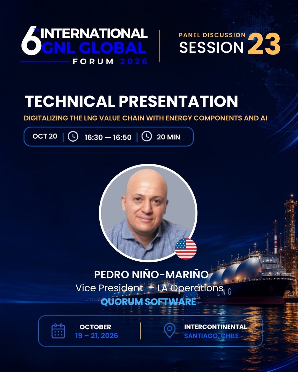 gnlglobal's tweet photo. 💻⚡ SESSION 23 | TECHNICAL PRESENTATION

A technical presentation led by:

🎙️ Pedro Niño-Mariño | Quorum Software

📅 Oct. 20 | 4:30 PM
📍 Santiago, Chile

#GNLGlobal #LNG https://t.co/JSF2RLubRj