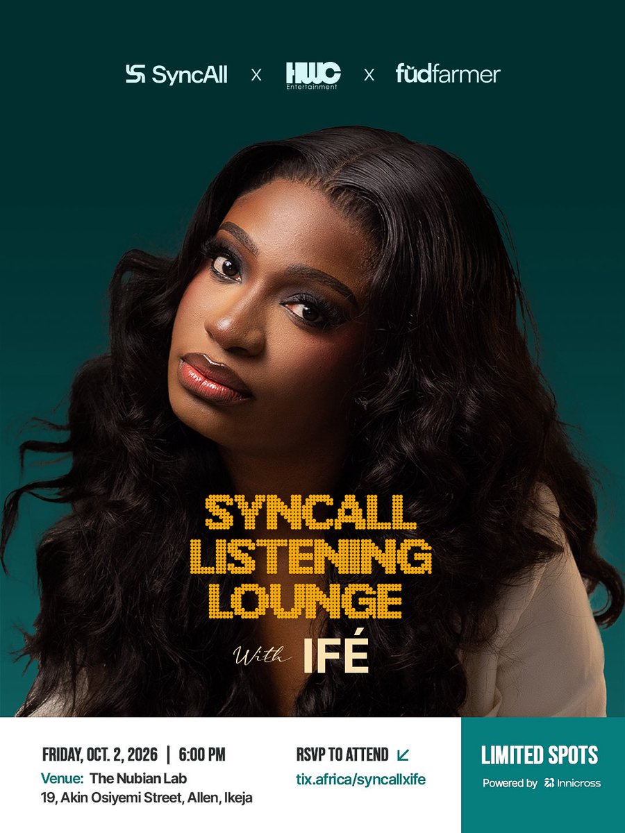 SyncAllMusic's tweet photo. Come experience an evening of music, live performance and good company with @ife_musiq 

📍Lagos
📆 Friday, October 2, 2026 
⏰ 6PM

Spots are limited. RSVP HERE🚨
https://t.co/65m6XNV7Xq https://t.co/0lHXAnKMGp