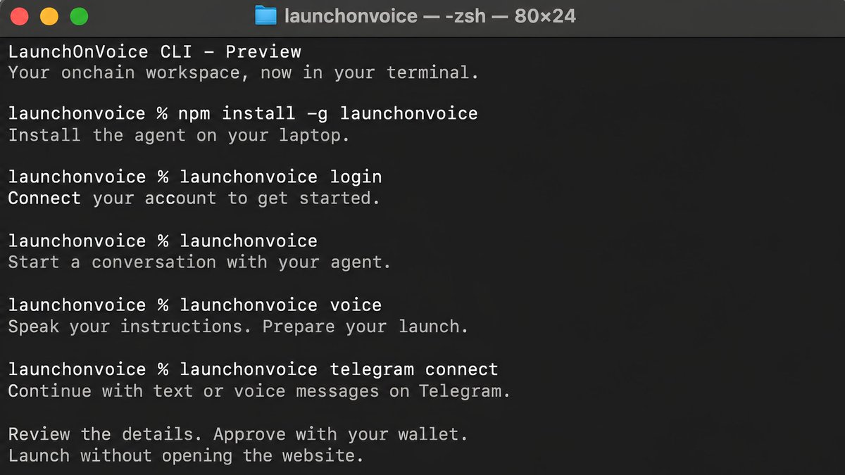 LaunchOnVoice's tweet photo. LaunchOnVoice is coming to your terminal.

Install the CLI. Connect your account. Talk to your agent. Give your instructions by voice, review the launch details, and approve the transaction with your wallet.

And when you’re ready, connect Telegram and continue from there text or voice.

$VOICE 
5JFmazQR7EYR9CzDPPzdW1wqEyZRcuBCHVtcmggspump